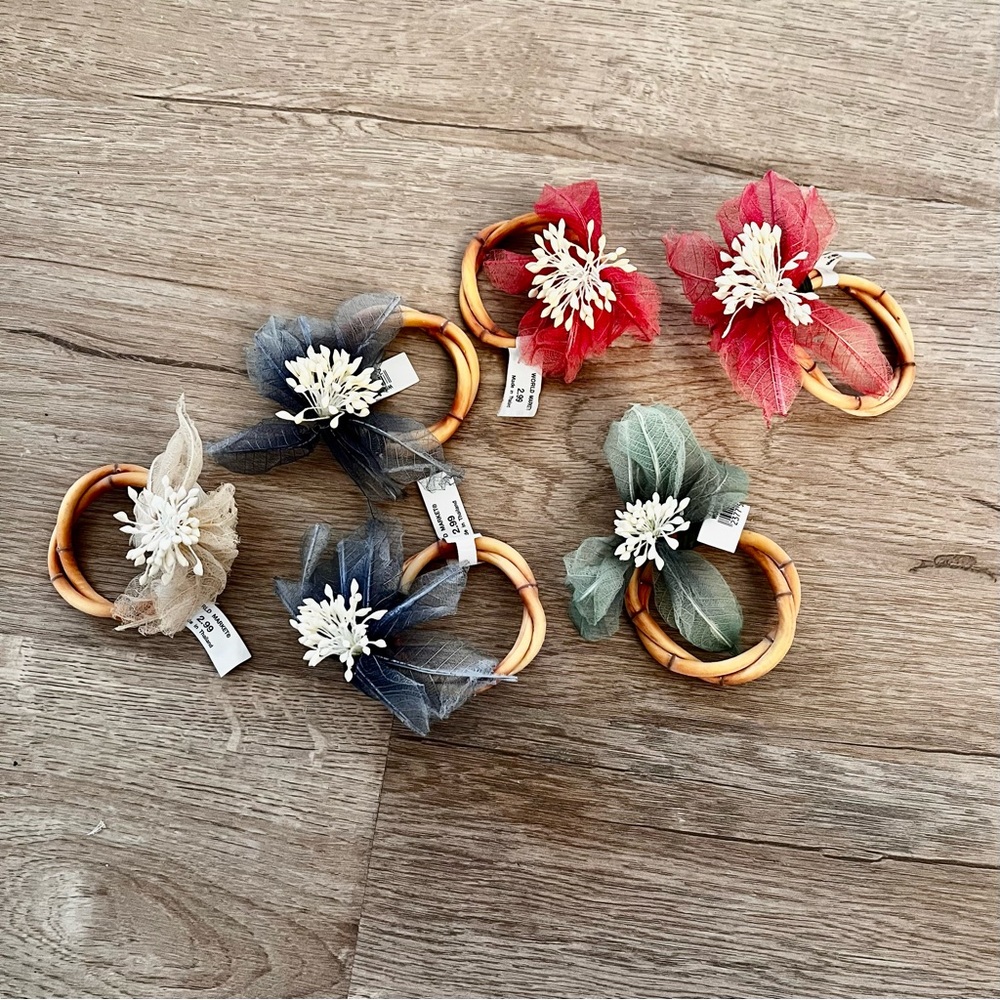 RARE Vintage NWT Linen Flowers With‎ Bamboo Ring Napkin Rings Set of 6